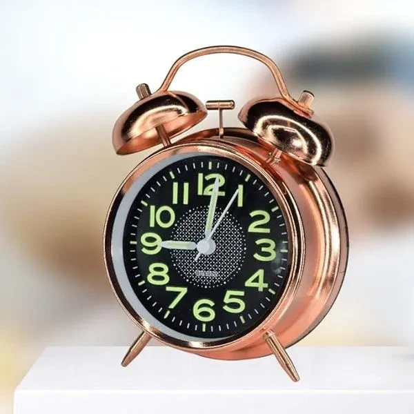 Vintage Twin Bell Tabletop Night LED Light Metal Alarm Clock